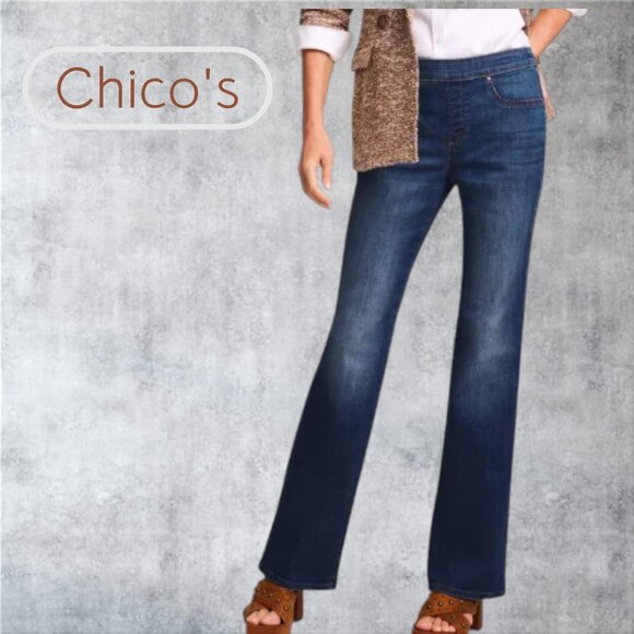 Chico's Dark Blue Pull On Slim Bootcut Denim Jegging Jeans Size 10 - Picture 1 of 9